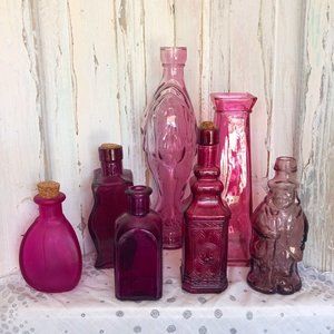 Collection of 8 Magenta and Purple Colored Glass Bottles